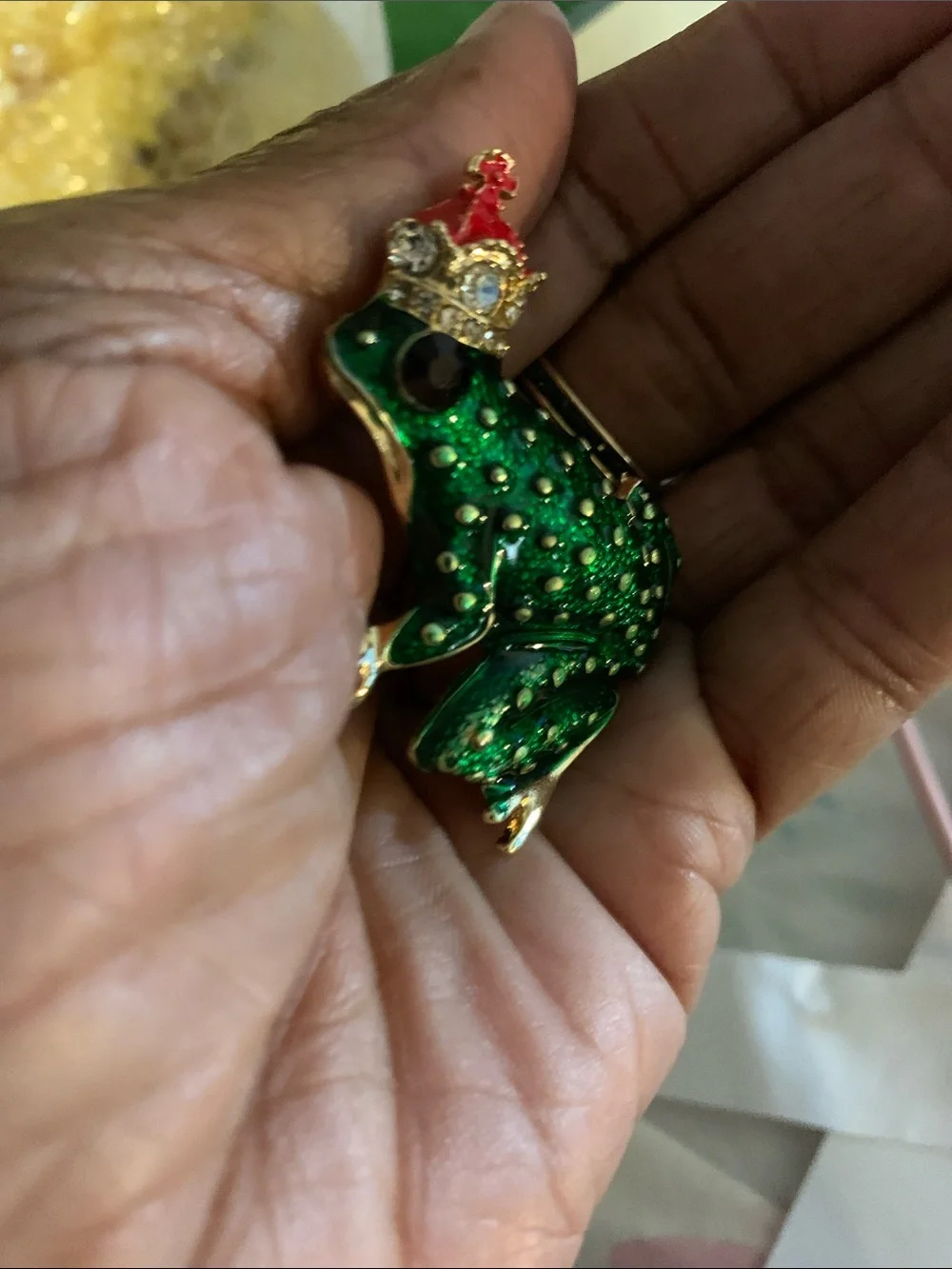 Green Enamel Prince Frog Brooch with Red Crown -